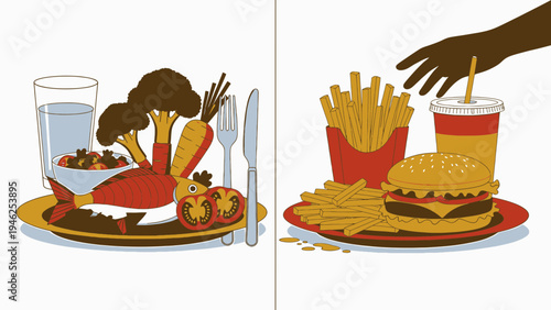Healthy Meal Versus Unhealthy Meal vector illustration