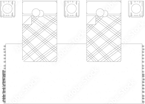 Technical architectural furniture blocks showing bedroom layout with twin beds, nightstands and diagonal cross-hatched bedding patterns in plan view.