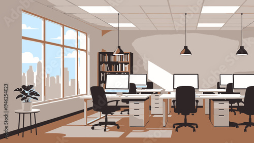 Modern Office Interior with Desks and Skyline View vector illustration