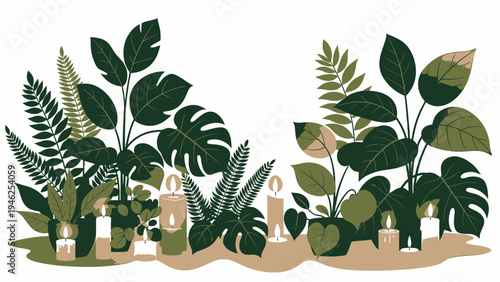 Boho Home Decor with Plants and Candles vector illustration