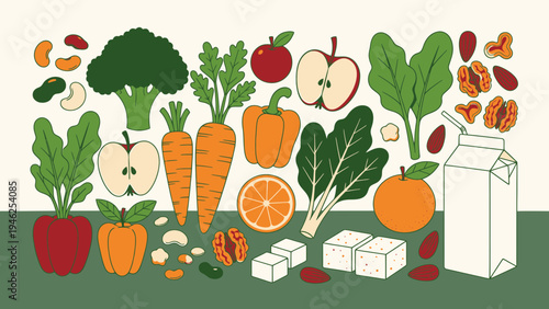 Assortment of Fresh Fruits Vegetables and Vegan Foods vector illustration