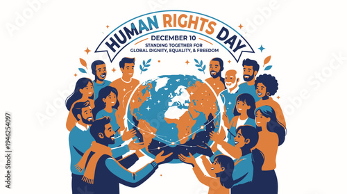Human Rights Day Concept with People and Globe vector illustration