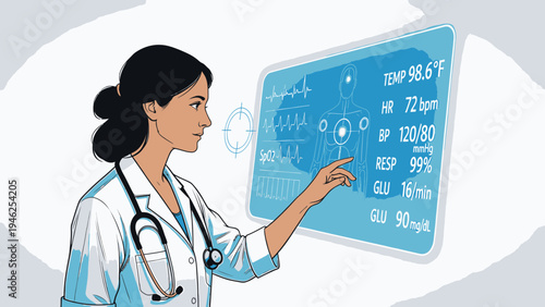 Doctor Using Modern Medical Technology Interface vector illustration