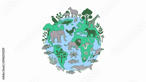 Earth Globe with Diverse Wildlife and Flora vector illustration
