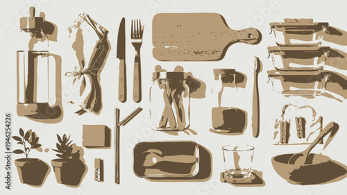 Kitchenware and Food Storage Set in Natural Tones vector illustration