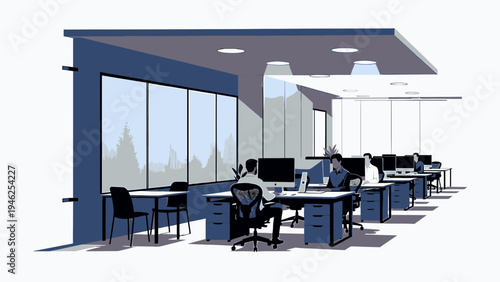 Modern Open Office Space with Desks and Large Windows vector illustration