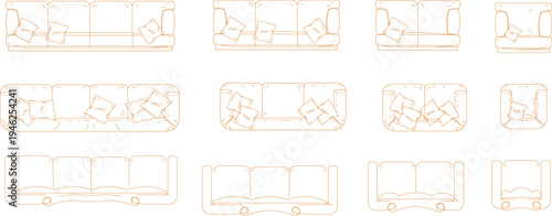 Technical architectural furniture blocks showing various sofa and seating arrangements in plan view with cushions and throw pillows in orange line work