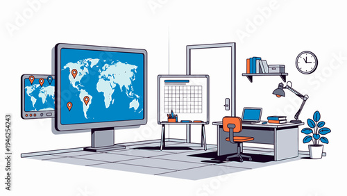 Office Space with World Map Displays vector illustration