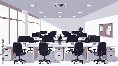 Modern Open Office Space with Desks and Computers vector illustration