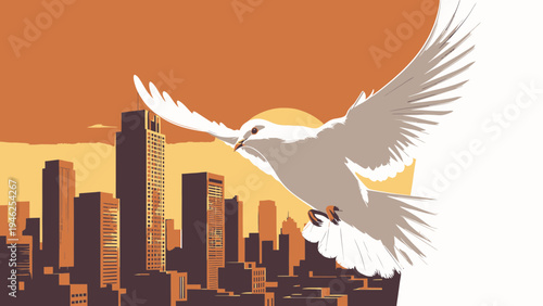 Dove Flying Over Cityscape at Sunset vector illustration