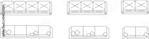Technical architectural furniture blocks showing various sofa designs in plan view with cushion details including sectional and straight configurations with throw pillows.