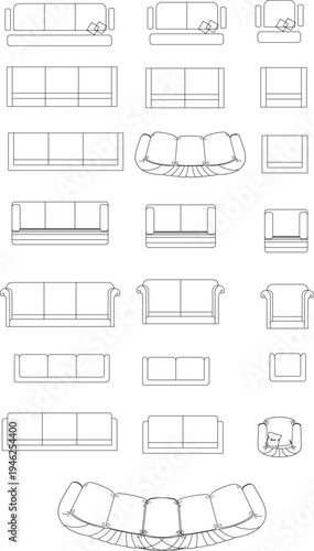 Technical architectural furniture blocks showing various sofa and seating arrangements in plan view including straight, sectional, corner and curved configurations.