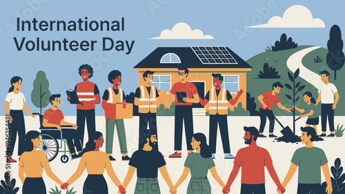 International Volunteer Day Celebration with Diverse Group vector illustration