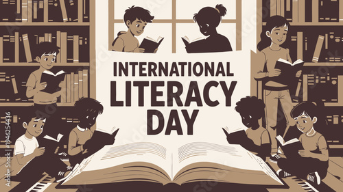 International Literacy Day with Children Reading vector illustration