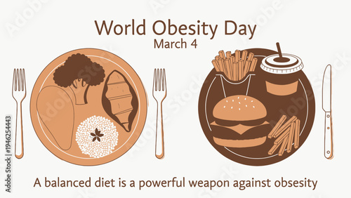 World Obesity Day With Balanced Diet and Unhealthy Food vector illustration