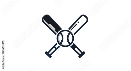 Iconic illustration of crossed baseball bats and ball on white background with dark blue tones.