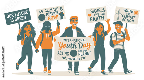 International Youth Day Climate Activists with Signs vector illustration