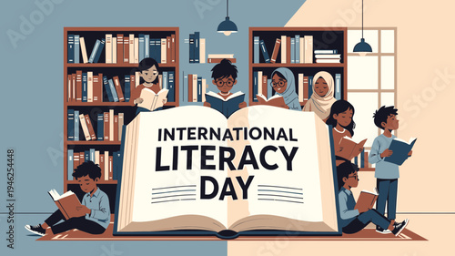 International Literacy Day Celebration with Diverse Readers vector illustration