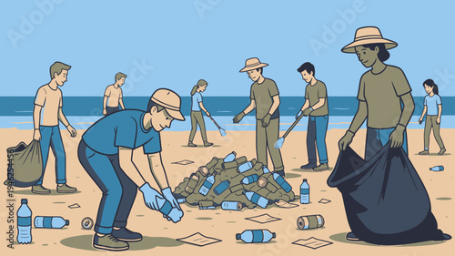 Group Cleaning Up Trash on the Beach vector illustration