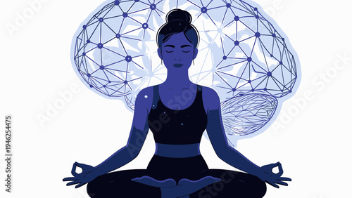 Meditating Woman with Abstract Brain Overlay vector illustration