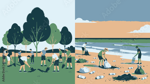 Clean Up Day People Picking Up Trash in Park and Beach vector illustration