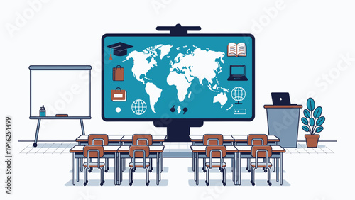 Classroom with World Map on Interactive Whiteboard vector illustration