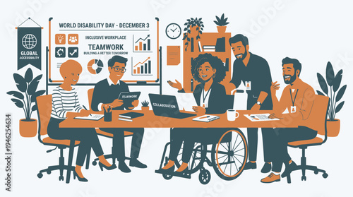 Inclusive Workplace Meeting for Disability Awareness vector illustration