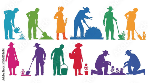 Adults Gardening Elements Set, Multicolor Silhouette Style on White Background, Outdoor Activity Illustration