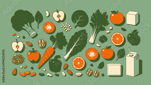 Flat Lay Of Healthy Food On Green Background vector illustration