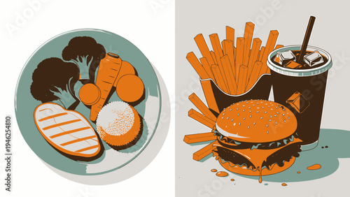 Healthy Meal vs. Fast Food Concept vector illustration