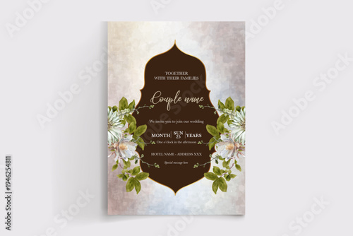 WEDDING INVITATION FRAME WITH FLOWER DECORATIONS AND FRESH LEAVES