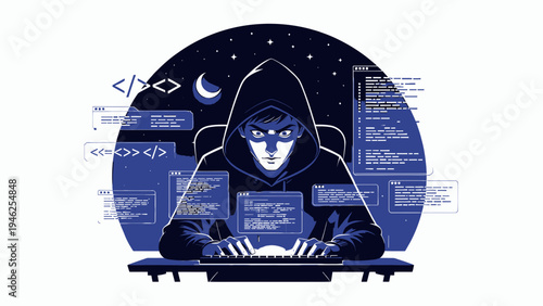Hacker Behind Computer Surrounded by Code vector illustration