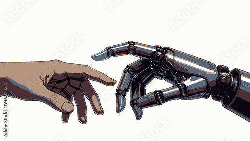 Human and Robotic Hand Touching vector illustration