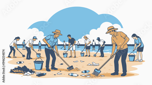 Beach Cleanup with Volunteers vector