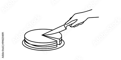 Hand using a knife to cut a triangular slice from a round two-layer cake on a plate. Vector, illustration