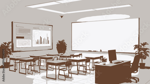 Empty Classroom Interior with Digital Board and Desks vector