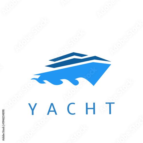 Modern minimalist yacht logo design featuring a sleek blue vessel on stylized ocean waves. illustration perfect for luxury maritime branding, travel agencies, and boat rentals