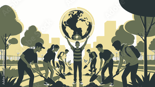 Community Planting Trees for a Greener Earth vector