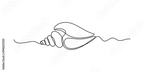 Single continuous line drawing of a seashell on a white background for minimalist wall art. Vector, illustration