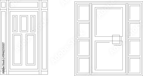 Technical architectural elevation drawings showing two traditional panel door designs with rectangular panels, side frames and door hardware in line work.
