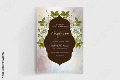 WEDDING INVITATION FRAME WITH FLOWER DECORATIONS AND FRESH LEAVES