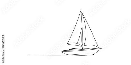 Minimalist single line drawing of a sailboat sailing on a calm sea with white background. Vector, illustration