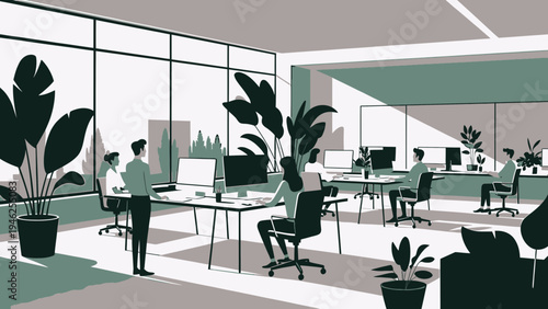 Modern Office Space with Employees and Plants vector illustration