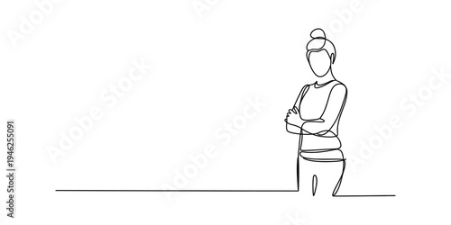 Minimalist one line art of a young woman standing with arms crossed against a white background. Vector, illustration