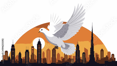 Peace Dove Flying Over City Skyline at Sunset vector