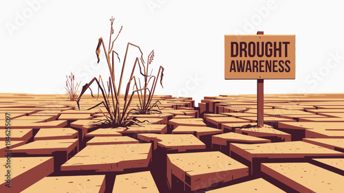 Drought Awareness Concept with Cracked Earth and Sign vector