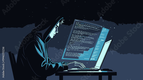 Hooded Hacker Coding With Glowing Screen vector