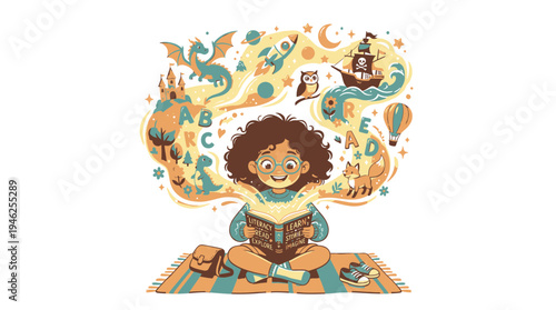 Imagination and Reading Girl Absorbed in a Story vector