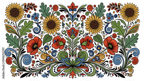 Vibrant Folk Floral Border Design, Decorative Ukrainian Art Element