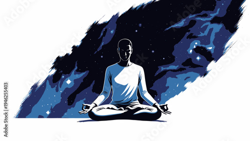 Man Meditating with Galaxy Background vector